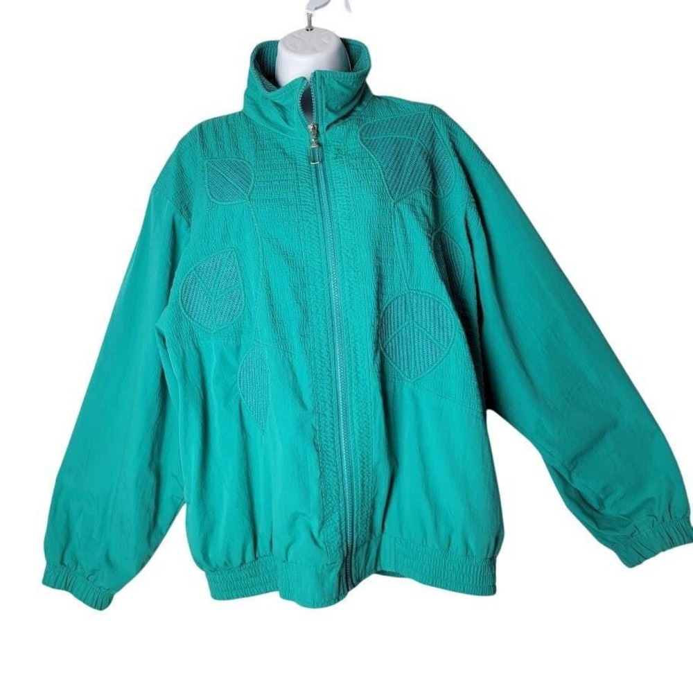 Vintage Great Cavalier Teal Zip Up Jacket Textured Geometric Boho‎ Retro Large